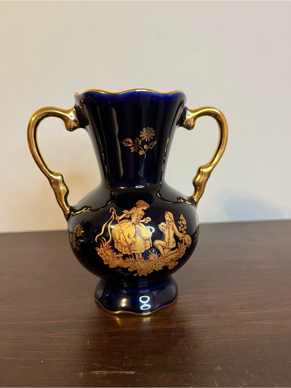 Vintage Limoges France cobalt pitcher urn courting couple porcelain 4.75"